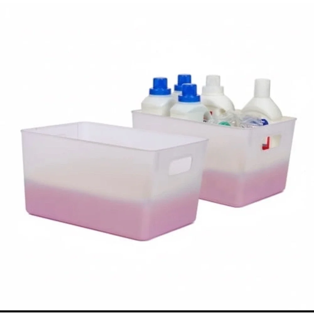 Pink Ombre Frosted Plastic Storage Bins with Handles Set of 2 Laundry Organizers